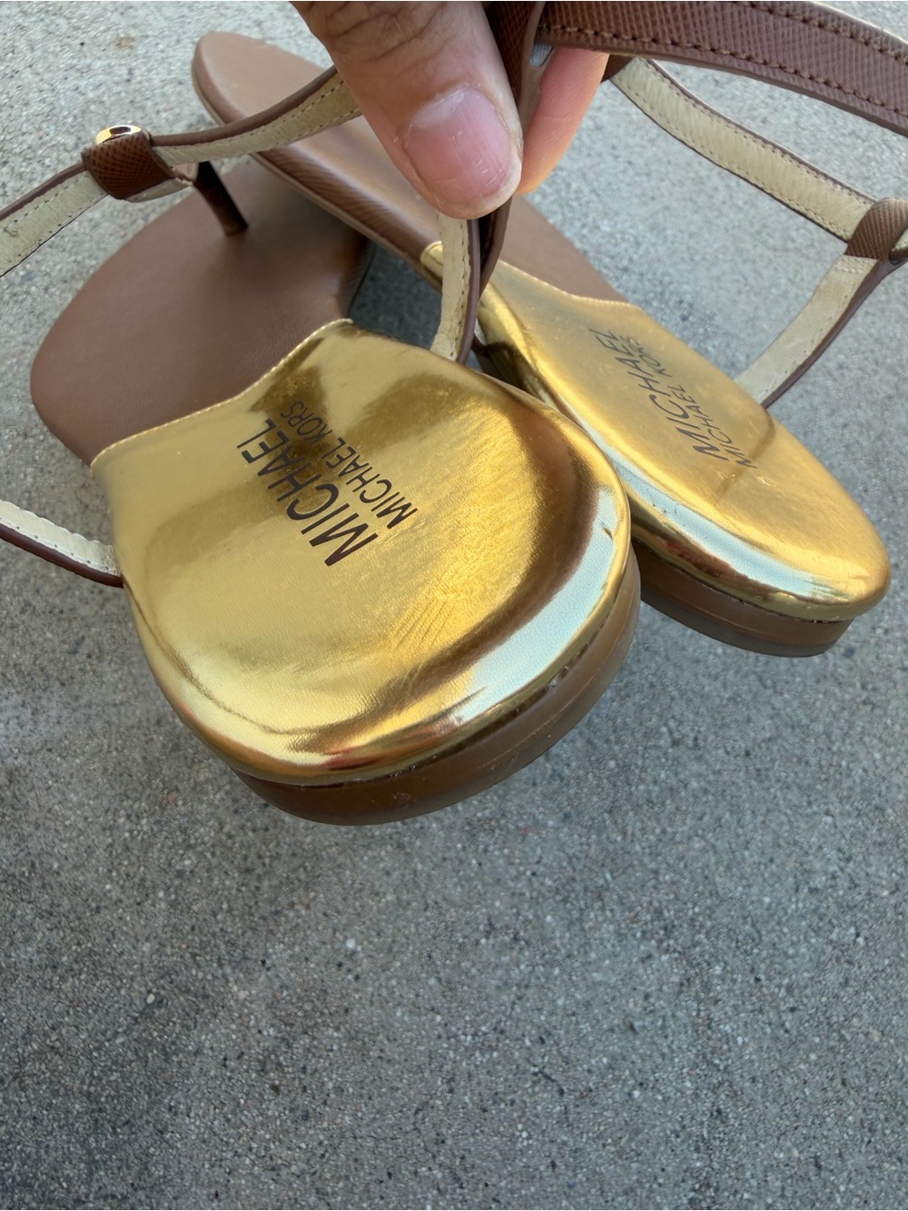 Michael Kors Brown and Gold Leather Thong Sandals - Picture 5 of 6